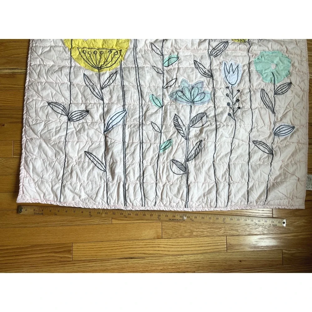 Crate & Kids Pink Floral Embroidered Cotton Baby Quilt Blanket 35x44 Garden